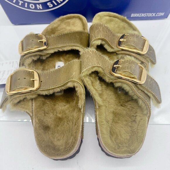 Birkenstock Arizona Big Buckle Shearling Olive Green Sandals Oil Leather EU 37 - Picture 12 of 13